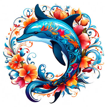 Colorful Dolphin animal with a decorative pattern floral and ornamental mandala style design