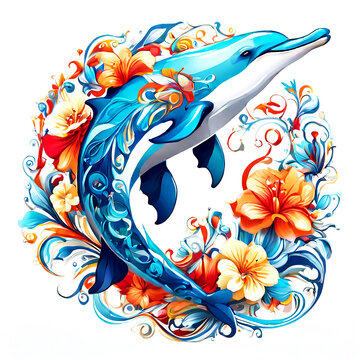 Colorful Dolphin animal with a decorative pattern floral and ornamental mandala style design