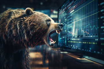 roaring bear on chart background, stock market, cryptocurrency. Concept financial investment