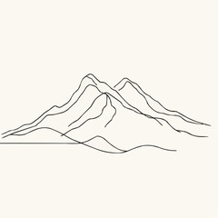 A minimalist piece of art depicting the outline of a mountain, created in one continuous line. The design shows the profile of the mountain using minimal lines on a simple white background.