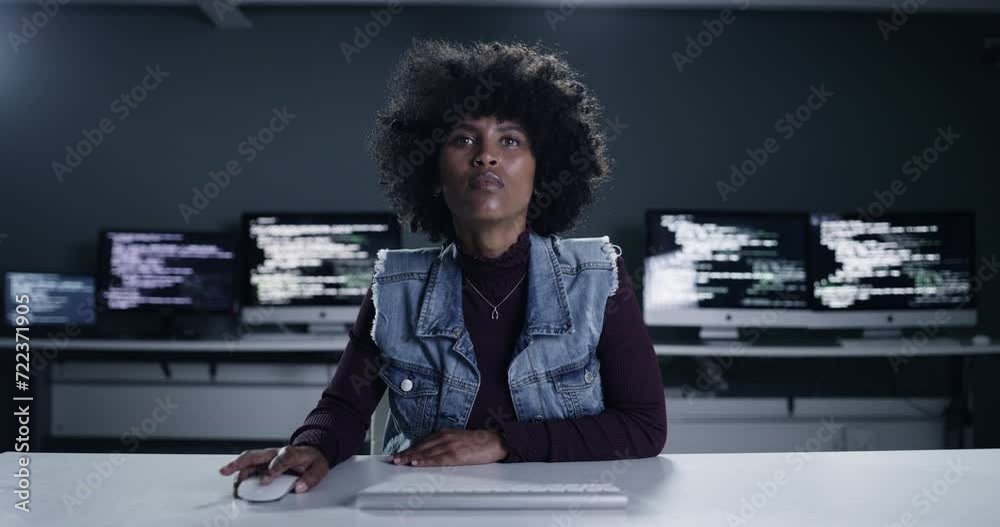 Leinwandbilder Cyber security office, reading and woman programming software development, online system or algorithm code. Night, developer and programmer problem solving, analysis or coding database server