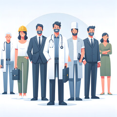 Multi-ethnic Team Collaboration Concept: Diverse Professionals Unity - Doctor, Engineer, Teacher, Police, Chef, IT Specialist, Firefighter