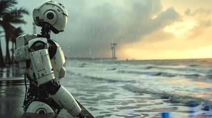 white humanoid robot is standing in a flood after hurricane - AI Generated