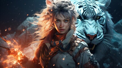 anime girl samurai with frustrating ice tiger with glowing eyes jumping on you