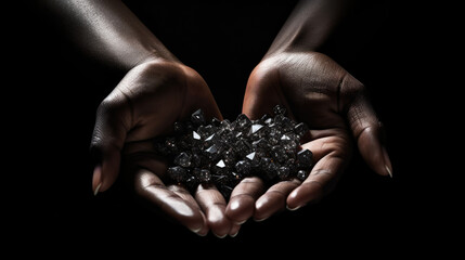 Slavery in mining. African hands holding coltan grains over dark background