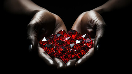 Slavery in mining. African hands holding rubies and blood diamonds over dark background