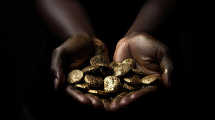 Slavery in mining. African hands holding pieces of gold over dark background - obrazy, fototapety, plakaty