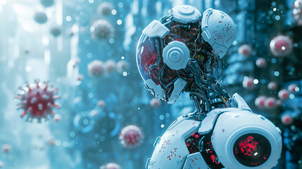 AI robot near virus cells - AI Generated - obrazy, fototapety, plakaty