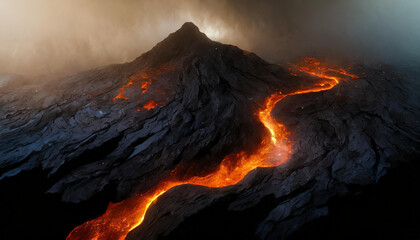 Erupcja, wybuch wulkanu, płynąca lawa, dekoracja generative ai
