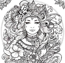 Black and white queen coloring page with a decorative pattern floral and ornamental mandala style design