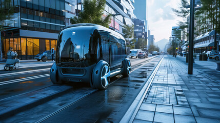 Futuristic mean of transportation in ultra modern city, autonomous vehicles - AI Generated - obrazy, fototapety, plakaty