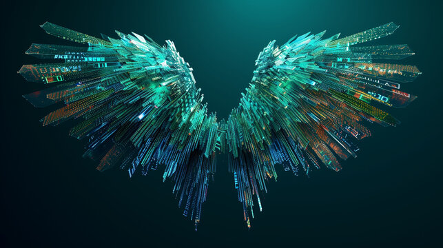 A creative composition of code snippets forming abstract wings, symbolizing the freedom and creativity that programming can offer, with copy space for inspirational text