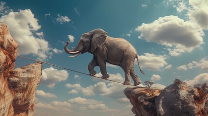 Whimsical Balance, Elephant Tightrope Walker Between Two Rocks in the Sky