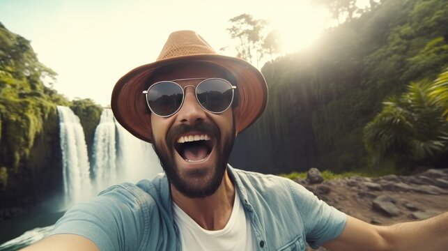 Happy Tourist Capturing Moment at Waterfall - Travel Lifestyle Concept with Handsome Man in Hat and Sunglasses Enjoying Freedom in Nature, Taking Selfie Picture at National Park.
