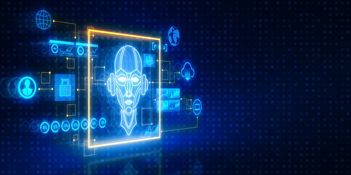 Glowing ai hologram with icons and robot on dark blue backdrop. Chat GPT and innovation concept. 3D Rendering.