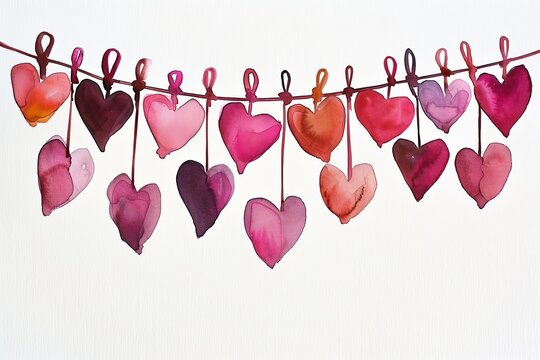cute modern watercolor painting of a clothesline with 50 pink, red, and maroon hearts hanging from the line, clothesline crosses page back and forth three times diagonally, white background.
