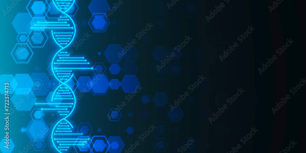 Poster glowing dna helix on blurry blue backdrop. medical and heredity genetic health concept. technology s