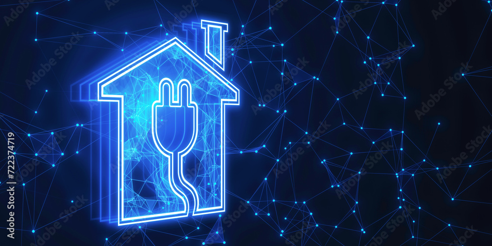 Poster creative house and plug hologram on blurry blue background with polygonal mesh. smart home and innov