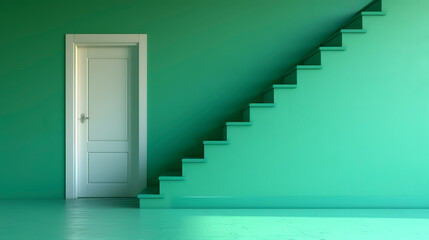 White door next to the green staircase in an empty room with copy space 