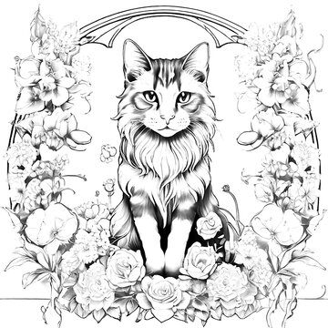 Black and white cat animal coloring page with a decorative pattern floral and ornamental mandala style design