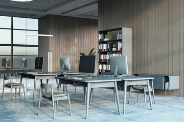 Light spacious coworking office interior with various objects. 3D Rendering.