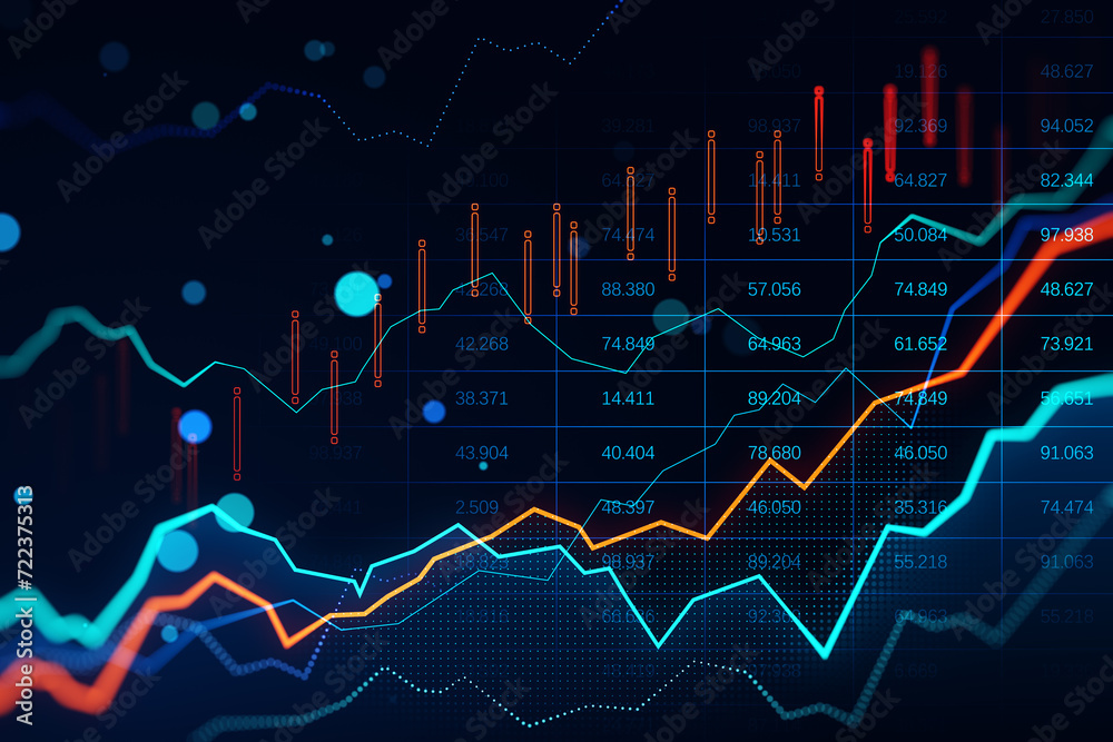 Poster glowing forex chart on blurry bokeh background. trade, finance and market concept. 3d rendering.
