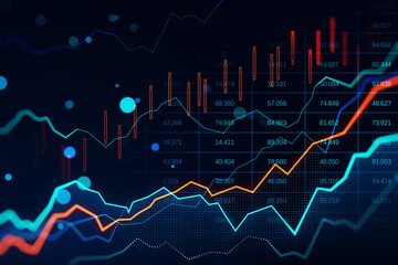 Glowing forex chart on blurry bokeh background. Trade, finance and market concept. 3D Rendering.