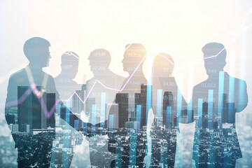 Fototapeta premium Group of businesspeople standing on blurry city background with forex chart. Trade and finance concept. Double exposure.
