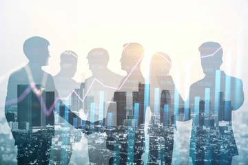 Foto op Canvas Group of businesspeople standing on blurry city background with forex chart. Trade and finance concept. Double exposure. © Who is Danny
