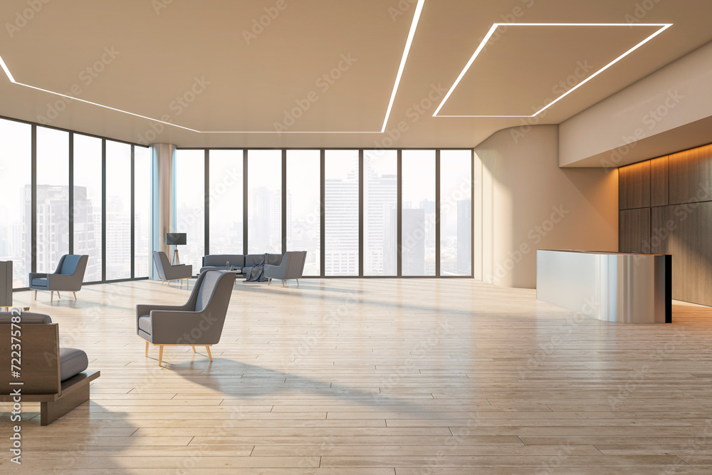 Aufkleber Modern reception with cityscape and sleek design elements, spacious office environment. 3D Rendering