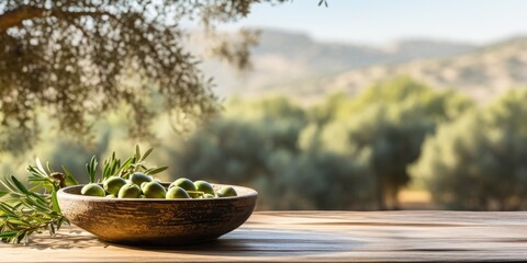 Plate with olives on a wooden table, against a background of olive trees - obrazy, fototapety, plakaty