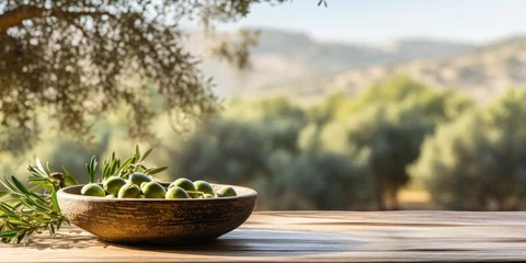 Foto auf Acrylglas Plate with olives on a wooden table, against a background of olive trees © 22_monkeyzzz