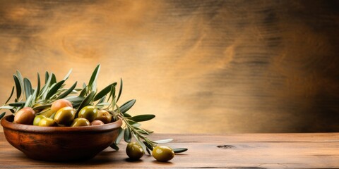 Wooden plate with olives on a plain background, space for text or advertising, Generative AI