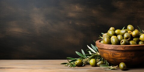 Wooden plate with olives on a plain background, space for text or advertising, Generative AI