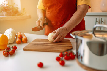 Female chef is precisely slicing fresh onions on wooden board while preparing italian pasta with vegetables and soup in kitchen