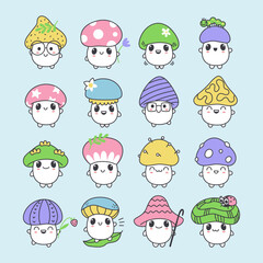 Obraz premium Large set of small kawaii mushrooms of different characters. Cute cartoon stickers. Vector isolated illustration