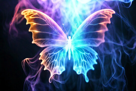 Abstract background showcasing mist taking the form of  a butterfly in afterlife grace, a ghostly projection.