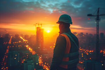 Construction worker overlooking city skyline panorama at sunset