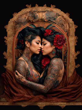 Tattoo design of two women kissing