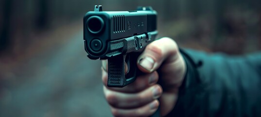 Hand holding firearm on defocused gray background with copy space for text placement