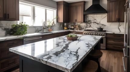 Sleek Marble Elegance in Contemporary Kitchen Design AI-Generative