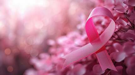 pink ribbon on a blurred background, symbolizes breast cancer - Powered by Adobe