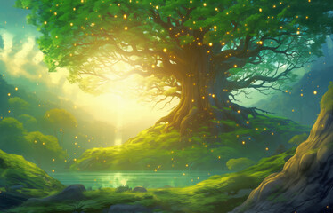 Enchanted tree aglow with fireflies at twilight by serene waters