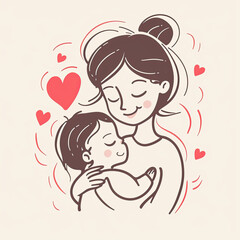 cute illustration of mother and baby cuddling, happy mothers day , love bonding 