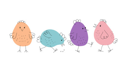 Set colorful chickens. Cartoon funny chicks. Hand drawn linear icons. Easter design. Animals, doodle style. Domestic bird. Vector illustration, isolated objects.