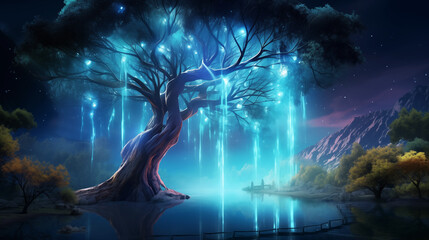 Magic fairy willow tree with glowing lights in mystic forest