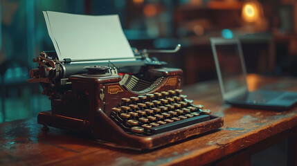 concept of old and new, of an old typewriter and latest laptops