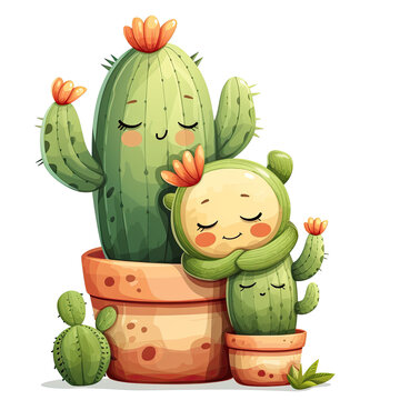 cute mother child cactus plants in mud pot on mothers day, love , happy expressions, can be used for cards