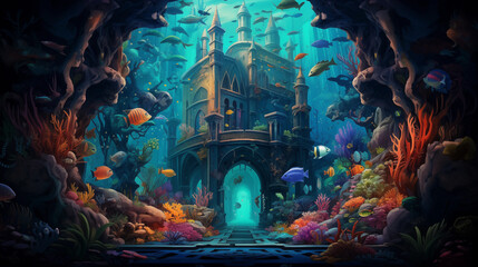 Fantasy castle under the sea - obrazy, fototapety, plakaty