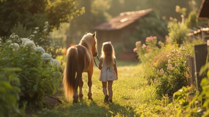 A little girl walks through a green beautiful garden with a little pony